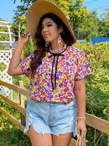 SHEIN LUNE Blusa con estampado floral de cuello con cordón