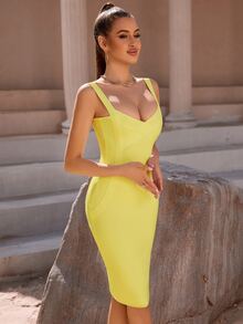 Solid Backless Bodycon Cocktail Party Bandage Slip Dress - Yellow - View 6