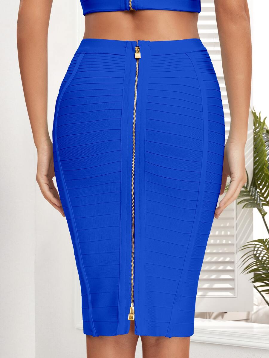 Zipper Back Bandage Pencil Skirt - Blue - View 1