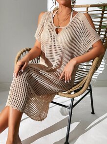 Cold Shoulder Hollow Out Cover Up Dress Without Bikini Set - Apricot - View 5