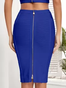 Zipper Back Bandage Pencil Skirt - Blue - View 1