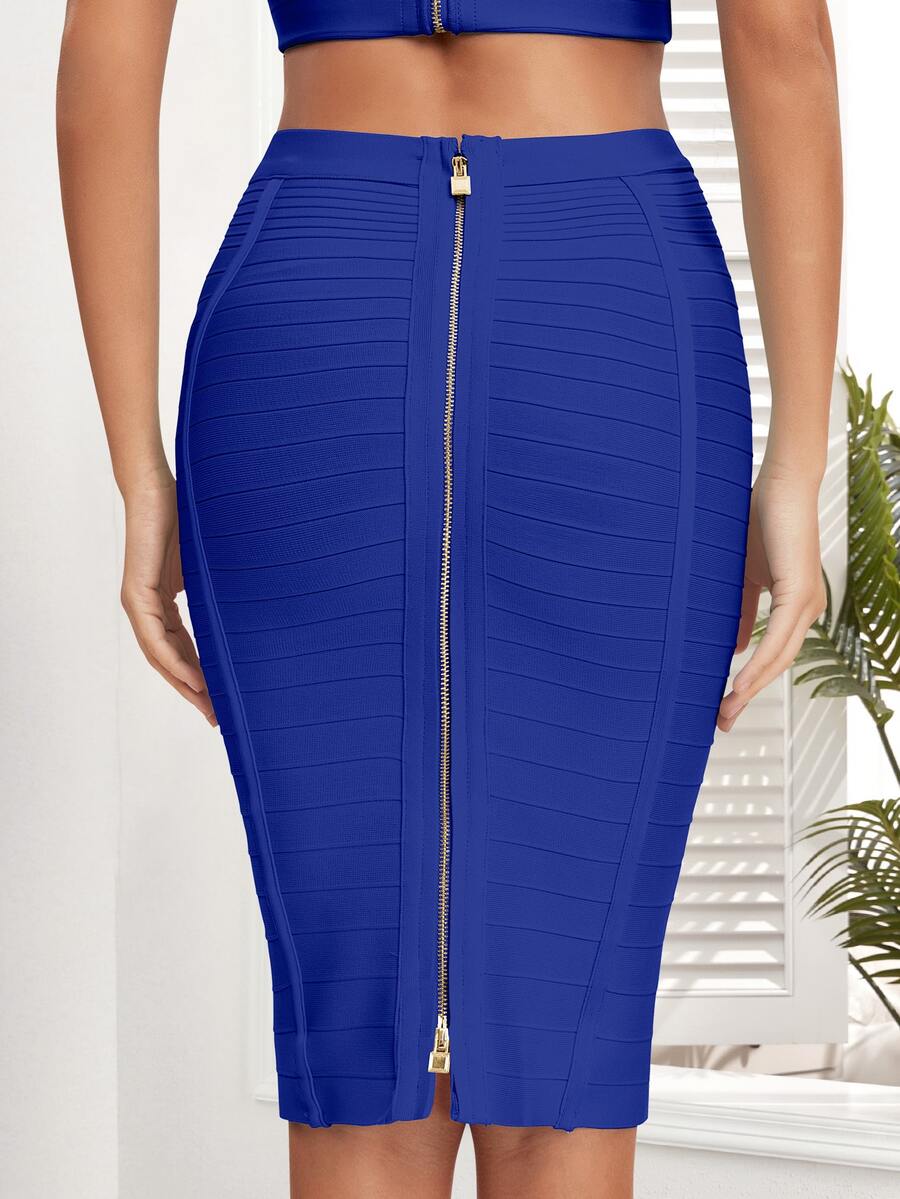 Zipper Back Bandage Pencil Skirt - Blue - View 1