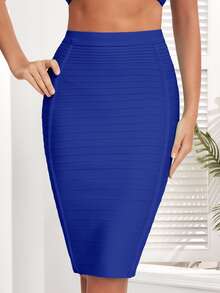Zipper Back Bandage Pencil Skirt - Blue - View 2