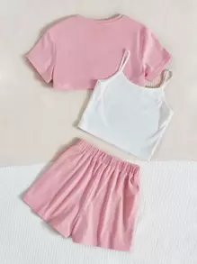 SHEIN 女孩愛心和字母圖案T恤和吊帶背心和短褲 - 藕粉色 - 查看 3