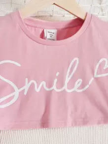 SHEIN 女孩愛心和字母圖案T恤和吊帶背心和短褲 - 藕粉色 - 查看 6