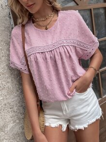 SHEIN LUNE Swiss Dot Contrast Guipure Lace Blouse - Pink - View 1