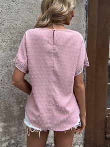 SHEIN LUNE Swiss Dot Contrast Guipure Lace Blouse - Pink - View 2