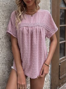 SHEIN LUNE Swiss Dot Contrast Guipure Lace Blouse - Pink - View 3