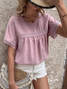 SHEIN LUNE Swiss Dot Contrast Guipure Lace Blouse - Pink - View 4