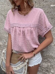 SHEIN LUNE Swiss Dot Contrast Guipure Lace Blouse - Pink - View 6