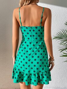 Soleia Polka Dot Tie Front Ruffle Hem Cami Dress - Green - View 2