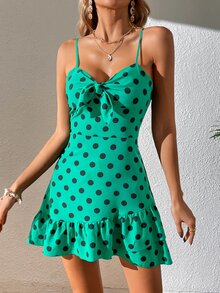 Soleia Polka Dot Tie Front Ruffle Hem Cami Dress - Green - View 7