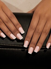 Get Glamorous with 24pcs Long Square Baby Pink French Glossy Two Tone Fake Nail & 1pc Nail File & 1sheet Tape - Multicolor - View 1