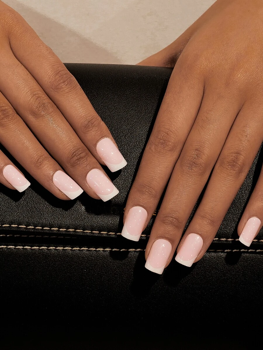 Get Glamorous with 24pcs Long Square Baby Pink French Glossy Two Tone Fake Nail & 1pc Nail File & 1sheet Tape - Multicolor - View 1