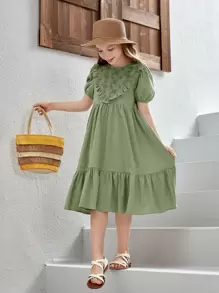 SHEIN Chicas Vestido ribete con fruncido de manga farol - verde menta - Ver 1