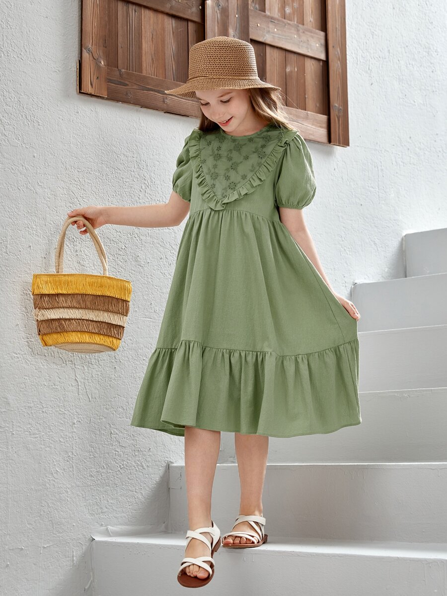 SHEIN Chicas Vestido ribete con fruncido de manga farol - verde menta - Ver 1