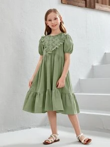 SHEIN Chicas Vestido ribete con fruncido de manga farol - verde menta - Ver 3