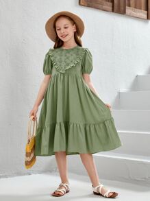 SHEIN Chicas Vestido ribete con fruncido de manga farol - verde menta - Ver 4