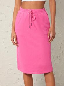 SHEIN BASICS Falda Sólida Con Cintura De Cordón - Rosa - Ver 1