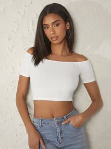 SHEIN BASICS Scoop Neck Solid Crop Tee - White - View 1