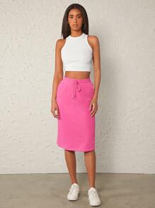 SHEIN BASICS Falda Sólida Con Cintura De Cordón - Rosa - Ver 3