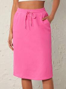 SHEIN BASICS Falda Sólida Con Cintura De Cordón - Rosa - Ver 4