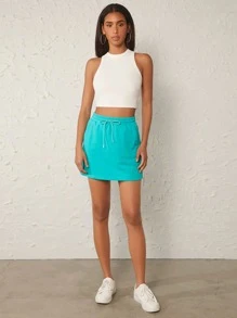SHEIN BASICS Drawstring Waist Solid Skirt - Mint Blue - View 3