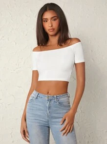 SHEIN BASICS Scoop Neck Solid Crop Tee - White - View 3