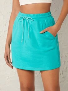 SHEIN BASICS Drawstring Waist Solid Skirt - Mint Blue - View 5