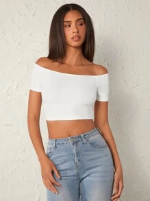 SHEIN BASICS Scoop Neck Solid Crop Tee - White - View 4