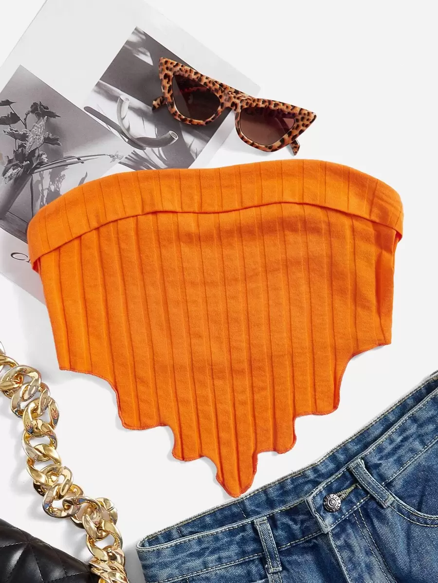 SHEIN EZwear Hanky Hem Crop Tube Top - Orange - View 1