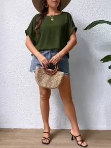 SHEIN LUNE Plus Batwing Sleeve Blouse - Army Green - View 5