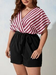 Firerie Plus Striped Print Belted Romper - Multicolor - View 4