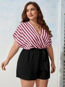 Firerie Plus Striped Print Belted Romper - Multicolor - View 3