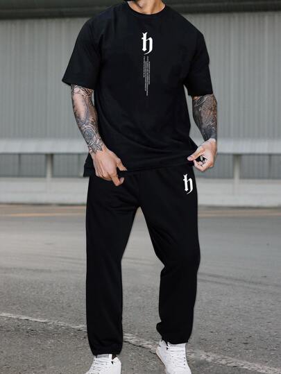 للرجال بطباعة شعار تي شيرت و رباط خصر بناطيل رياضي