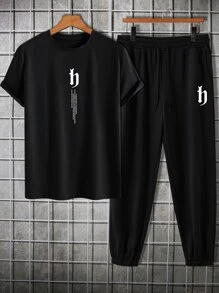 Manfinity Homme Bộ hai mảnh Nam Dây kéo Slogan Giải trí - màu đen - Xem 3