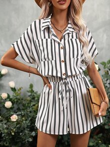 SHEIN LUNE 條紋印花蝙蝠袖前打結襯衫連體短褲 - 黑與白 - 查看 1