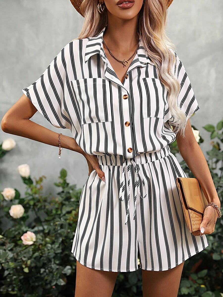 SHEIN LUNE 條紋印花蝙蝠袖前打結襯衫連體短褲 - 黑與白 - 查看 1