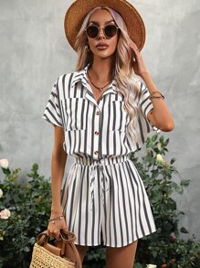 SHEIN LUNE 條紋印花蝙蝠袖前打結襯衫連體短褲 - 黑與白 - 查看 3