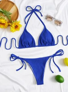 露背微三角形綁帶夏日沙灘比基尼套裝 - 寶藍色 - 查看 1