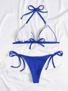 露背微三角形綁帶夏日沙灘比基尼套裝 - 寶藍色 - 查看 2
