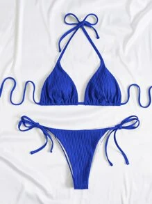 露背微三角形綁帶夏日沙灘比基尼套裝 - 寶藍色 - 查看 4