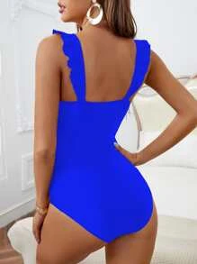 SHEIN Swim Twist Front Ruffle Trim Áo tắm một mảnh - Xanh đậm - Xem 2