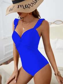 SHEIN Swim Twist Front Ruffle Trim Áo tắm một mảnh - Xanh đậm - Xem 3