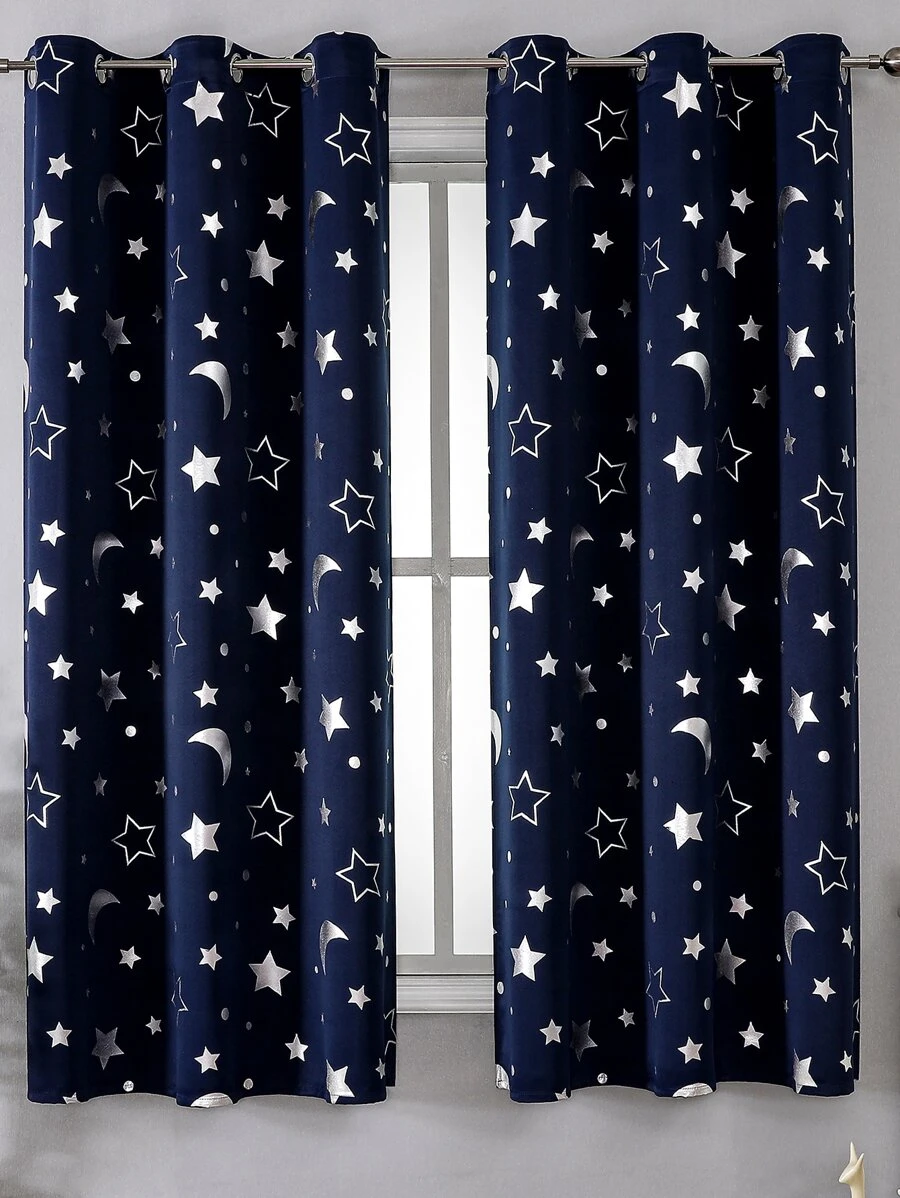 Moon & Star Pattern Single Panel Curtain, Cartoon Polyester Textured Blackout Curtain For Bedroom And Living Room, All Season - Navy Blue - View 1