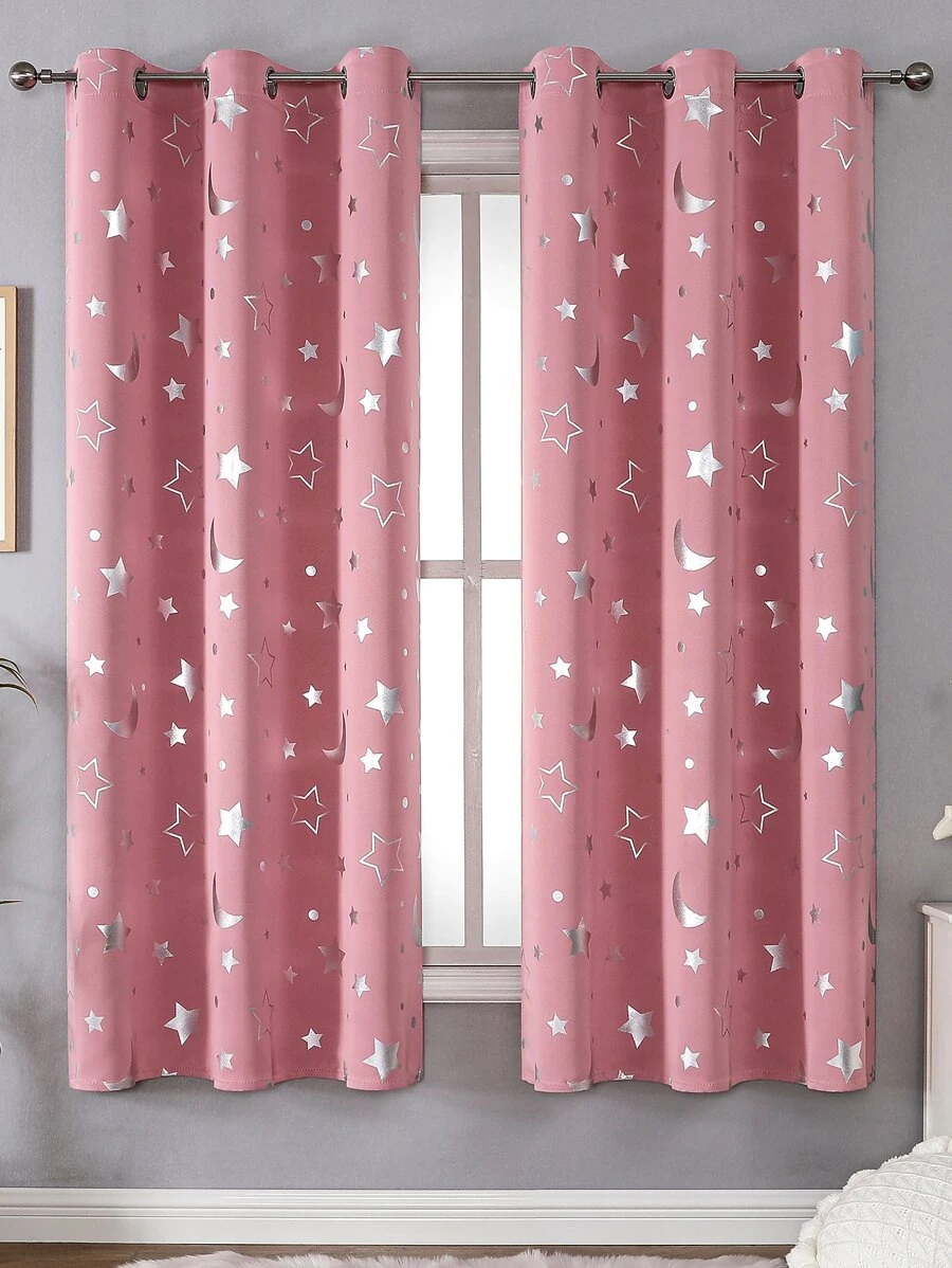 星月圖案滌綸單片遮光窗簾適用於臥室客廳 - 粉色 - 查看 1