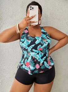 Plus Size Tropical Print Criss Cross Drawstring Tankini Summer Beach - Multicolor - View 1