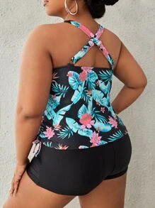 Plus Size Tropical Print Criss Cross Drawstring Tankini Summer Beach - Multicolor - View 2