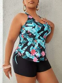 Plus Size Tropical Print Criss Cross Drawstring Tankini Summer Beach - Multicolor - View 3