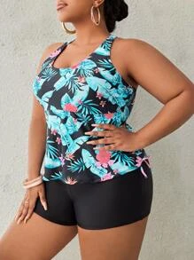 Plus Size Tropical Print Criss Cross Drawstring Tankini Summer Beach - Multicolor - View 4
